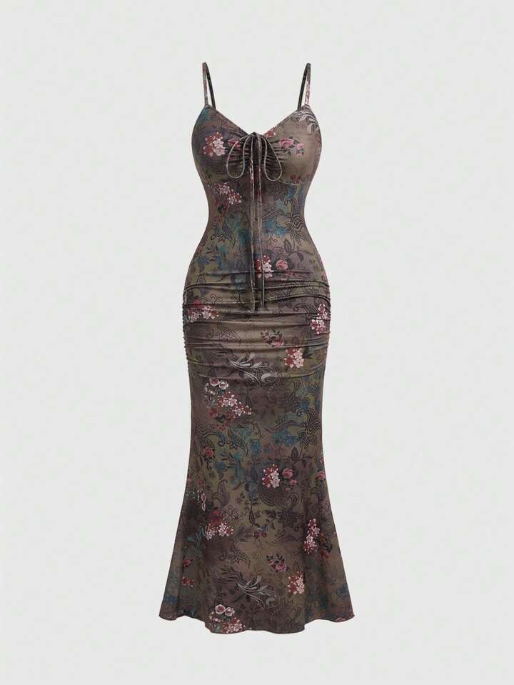 Vintage Hippie Dark Floral Palace Retro Holiday Allover Print Ruched Mermaid Dress For Women, Spring