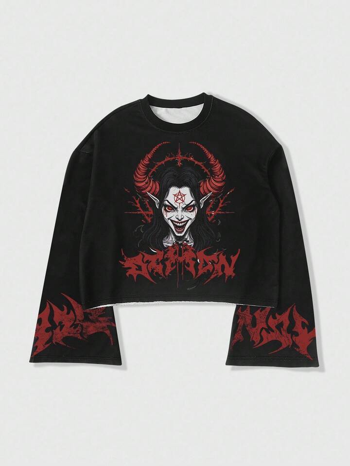 Anime Men Letter & Portrait Gothic Graphic Round Neck Long Sleeve T-Shirt, Fall