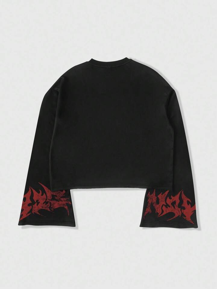 Anime Men Letter & Portrait Gothic Graphic Round Neck Long Sleeve T-Shirt, Fall