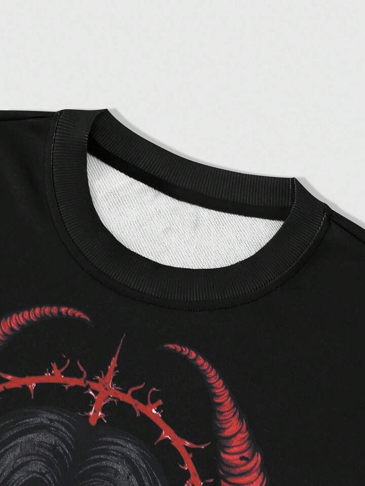 Anime Men Letter & Portrait Gothic Graphic Round Neck Long Sleeve T-Shirt, Fall