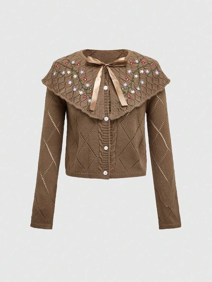 Fairycore Plus Size Autumn Floral Embroidery Bow Knitted Cardigan