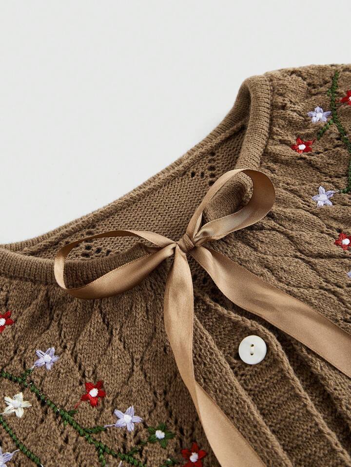 Fairycore Plus Size Autumn Floral Embroidery Bow Knitted Cardigan