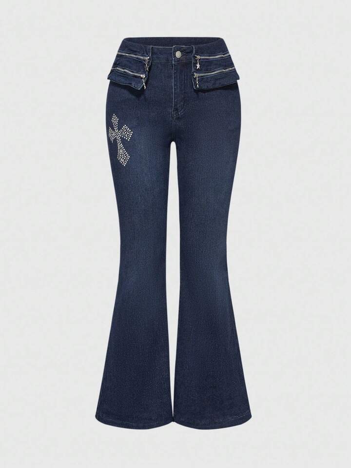 Grunge Punk Subculture Y2K Retro Fitted Flared Knee Length Jeans With Cross Studs & Pentagram Patch, For Women