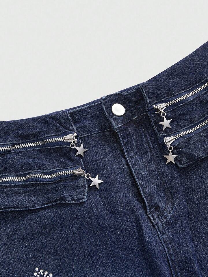 Grunge Punk Subculture Y2K Retro Fitted Flared Knee Length Jeans With Cross Studs & Pentagram Patch, For Women 3 Grunge Punk Subculture Y2K Retro Fitted Flared Knee Length Jeans With Cross Studs & Pentagram Patch, For Women