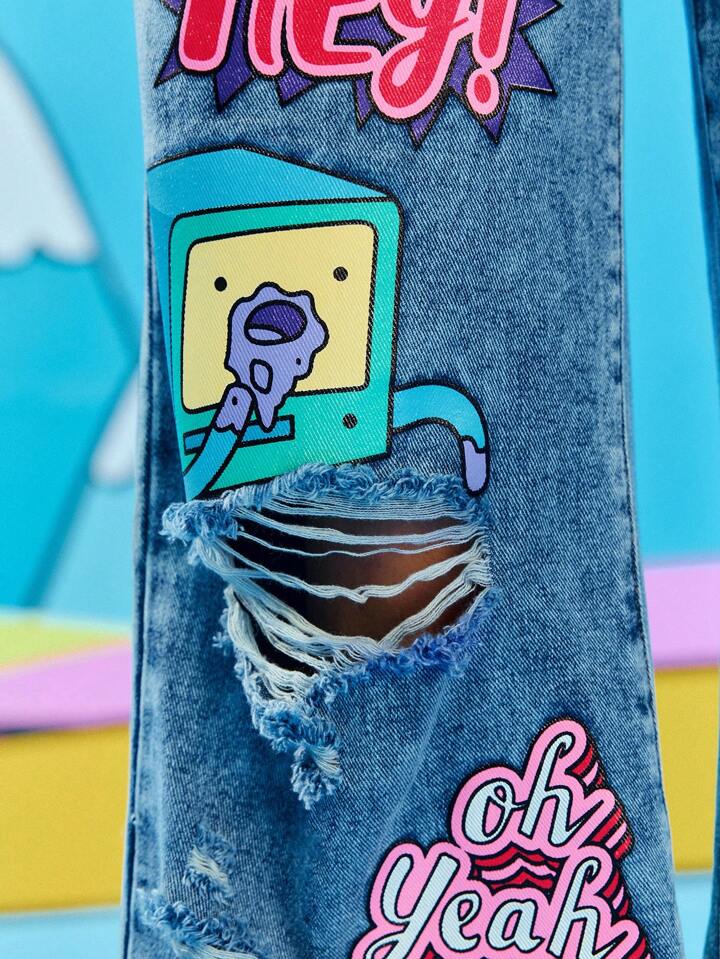 Adventure Time X ROMWE Graffiti Cartoon Pattern Loose Fit Jeans