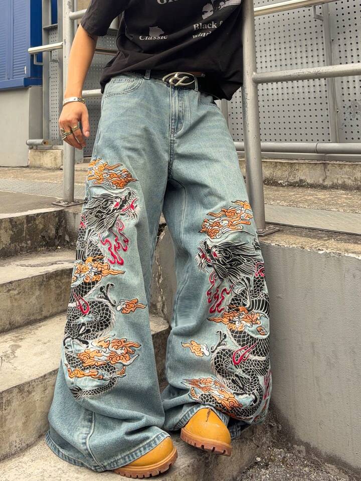 Men's Loose Fit Wide Leg Dragon Embroidery Pattern Jeans