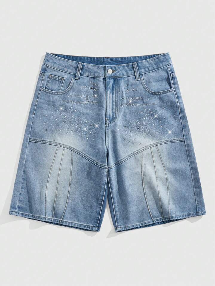 Casual Summer Light Blue Denim Shorts With Pockets & Rhinestone Decor
