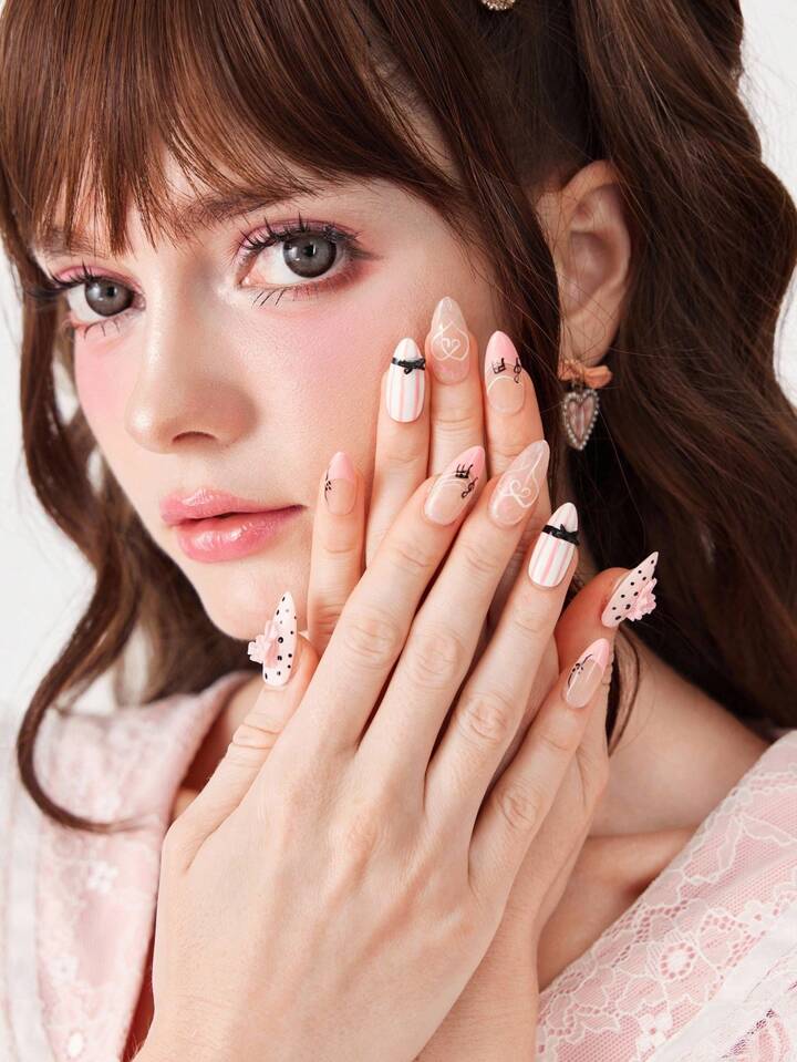 Kawaii 10pcs Cute & Sweet Polka Dot & Bow Element Hand-Painted High-Quality Fake Nails + 3 Sheets Double-Sided Adhesive, Removable & Reusable Glitter Musical Note Mismatch Nail Sticker, Suitable For Holidays, Parties, Dance, And Daily Wear