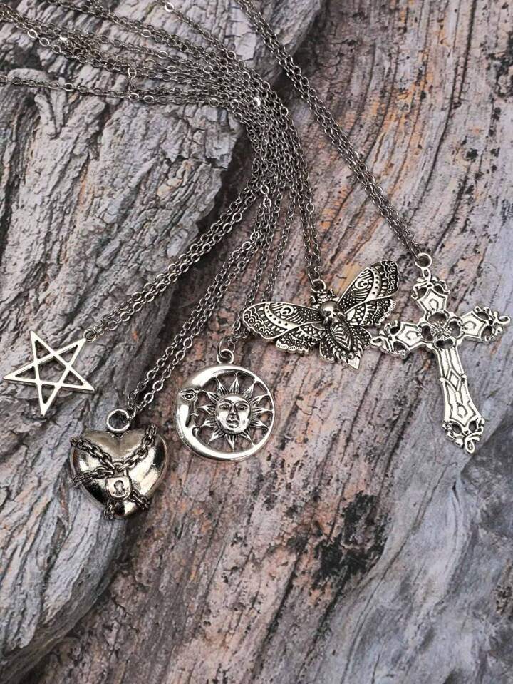 5pcs/Set Gothic Vintage Style Necklace Set Including Cross, Sun, Moon, Moth & Skull Pendant, Halloween