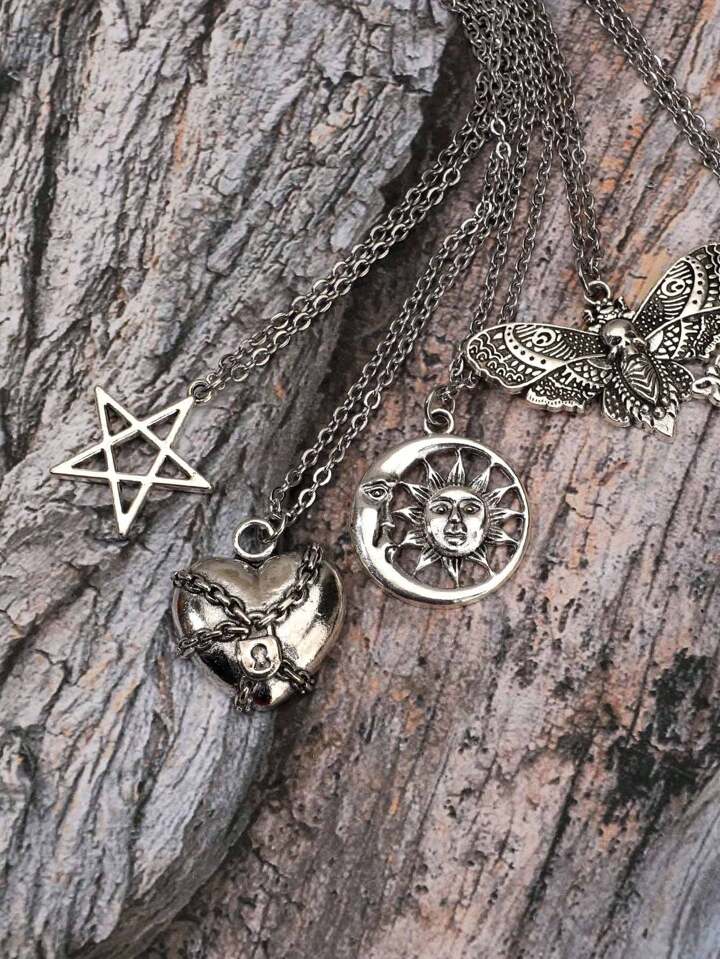 5pcs/Set Gothic Vintage Style Necklace Set Including Cross, Sun, Moon, Moth & Skull Pendant, Halloween