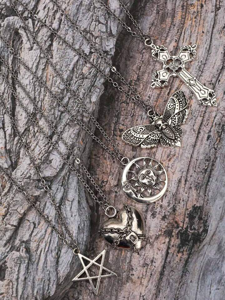 5pcs/Set Gothic Vintage Style Necklace Set Including Cross, Sun, Moon, Moth & Skull Pendant, Halloween 4 5pcs/Set Gothic Vintage Style Necklace Set Including Cross, Sun, Moon, Moth & Skull Pendant, Halloween