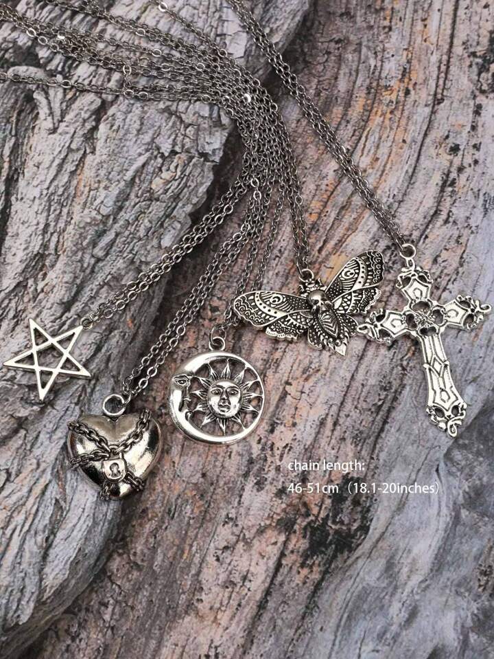 5pcs/Set Gothic Vintage Style Necklace Set Including Cross, Sun, Moon, Moth & Skull Pendant, Halloween 5 5pcs/Set Gothic Vintage Style Necklace Set Including Cross, Sun, Moon, Moth & Skull Pendant, Halloween