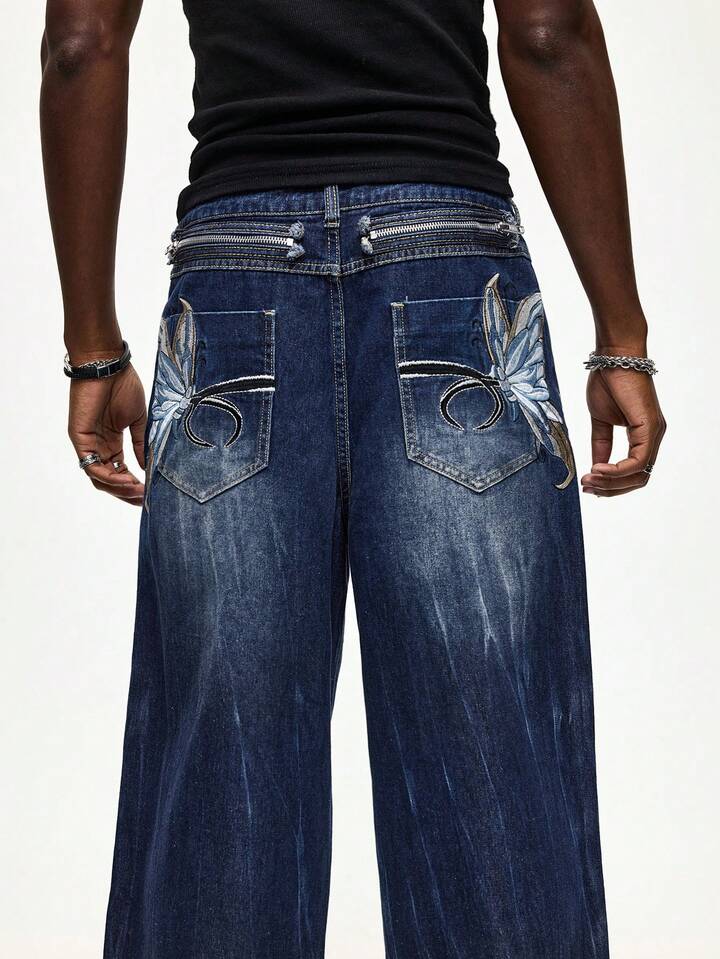 Street Life Men's Casual Washed Butterfly Embroidered Denim Jeans