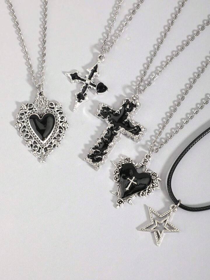 5pcs/Set Gothic Vintage Style Necklace Set Including Cross, Sun, Moon, Moth & Skull Pendant, Halloween