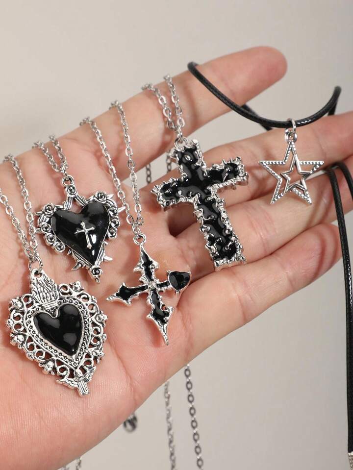 5pcs/Set Gothic Vintage Style Necklace Set Including Cross, Sun, Moon, Moth & Skull Pendant, Halloween