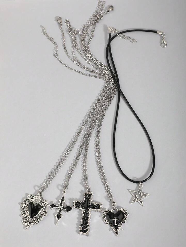 5pcs/Set Gothic Vintage Style Necklace Set Including Cross, Sun, Moon, Moth & Skull Pendant, Halloween