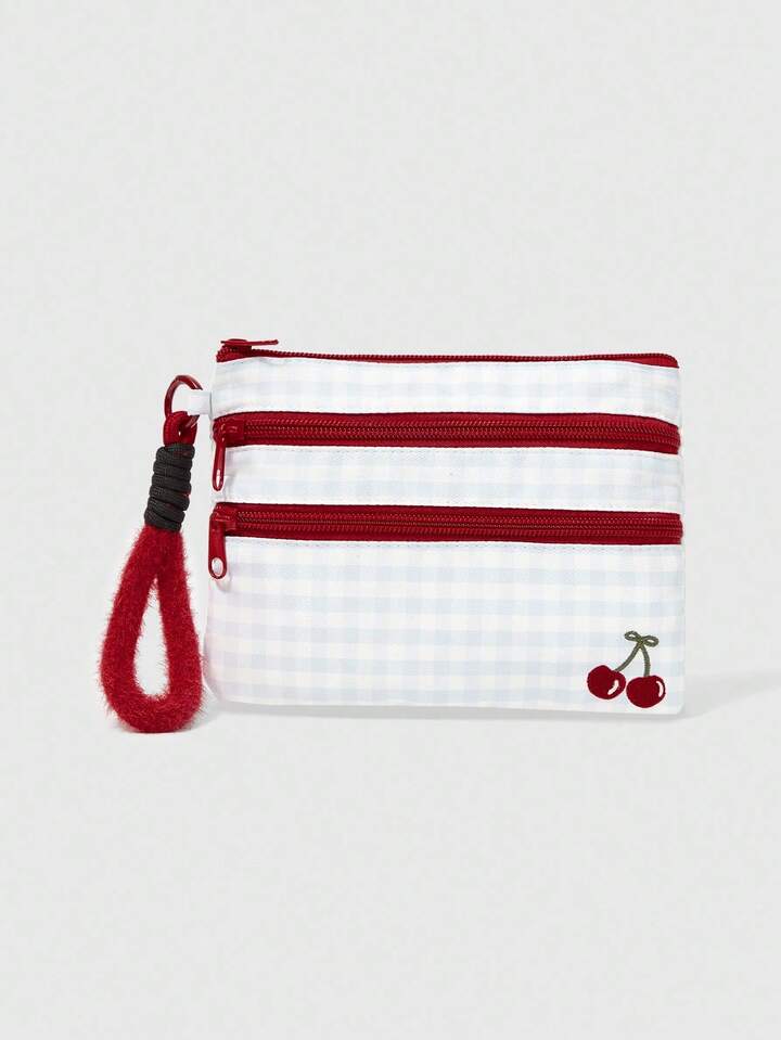 Kawaii 3-Zipper Compartment Cute Plaid Cherry Pattern Large Capacity Portable Makeup Organizer Bag