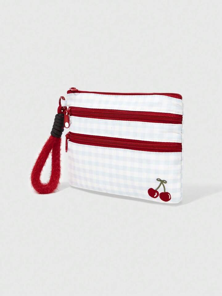 Kawaii 3-Zipper Compartment Cute Plaid Cherry Pattern Large Capacity Portable Makeup Organizer Bag