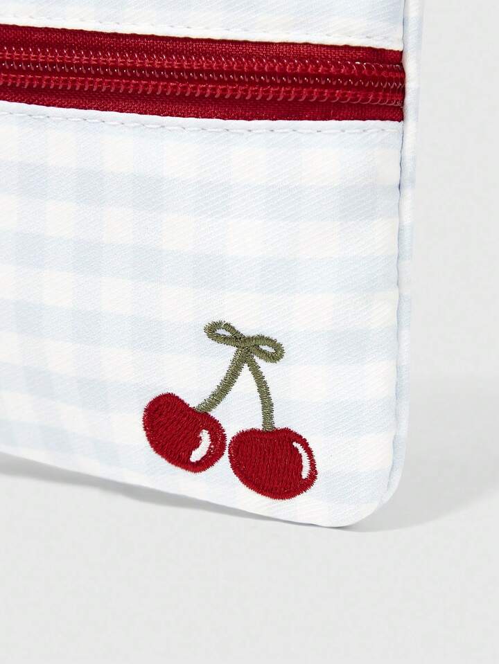 Kawaii 3-Zipper Compartment Cute Plaid Cherry Pattern Large Capacity Portable Makeup Organizer Bag
