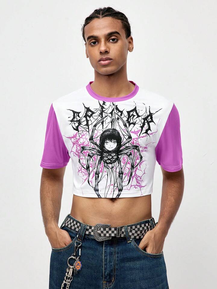 ROMWE Avant Men's Summer Letter & Cartoon Character Printed Contrast Color Crew Neck Short Sleeve Cropped Casual T-Shirt, School