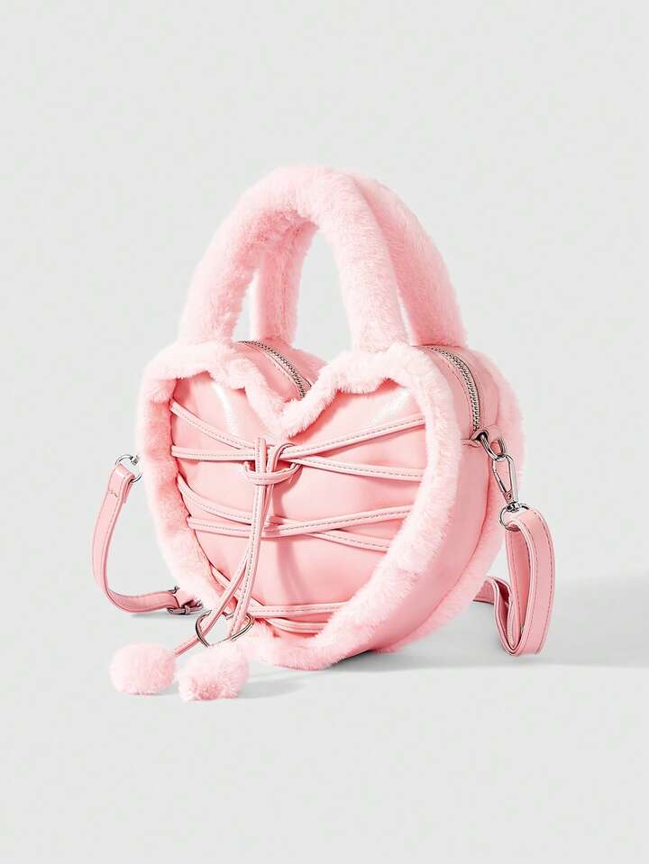 Kawaii Women's Heart-Shaped Handbag, Fall/Winter Fuzzy Crossbody Bag