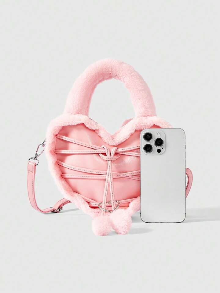 Kawaii Women's Heart-Shaped Handbag, Fall/Winter Fuzzy Crossbody Bag