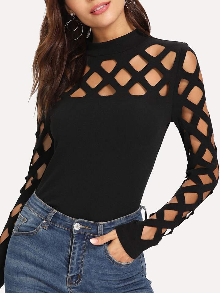 Mock Neck Cage Yoke & Sleeve Top