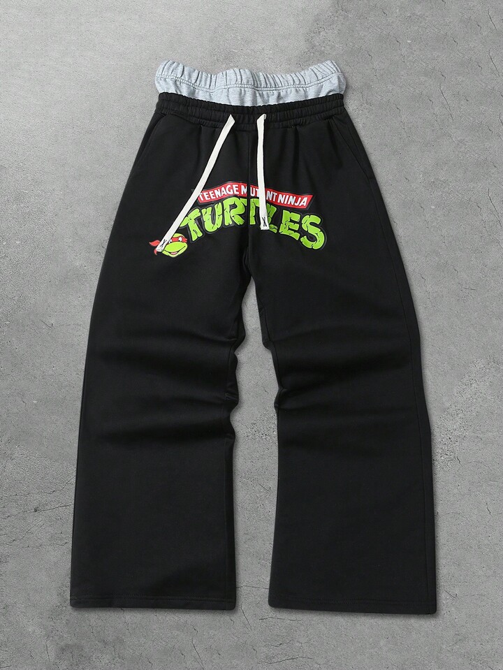 TEENAGE MUTANT NINJA TURTLES X ROMWE Men's Comfortable Fashion Street Turtle & Letter Graphic Drawstring Waist Loose Wide Leg Black Sweatpants