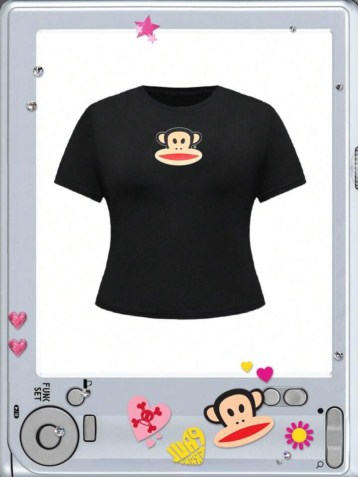Paul Frank X ROMWE Plus Size Y2K Monkey Print Fitted Short Sleeve T-Shirt, Versatile 3 Paul Frank X ROMWE Plus Size Y2K Monkey Print Fitted Short Sleeve T-Shirt, Versatile