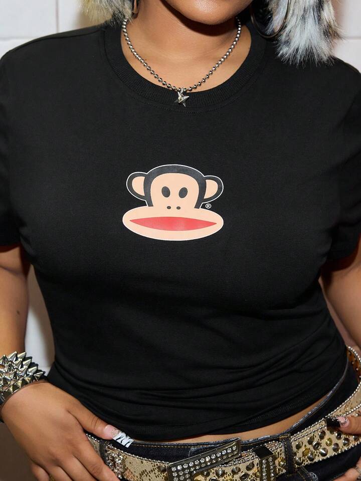 Paul Frank X ROMWE Plus Size Y2K Monkey Print Fitted Short Sleeve T-Shirt, Versatile 7 Paul Frank X ROMWE Plus Size Y2K Monkey Print Fitted Short Sleeve T-Shirt, Versatile