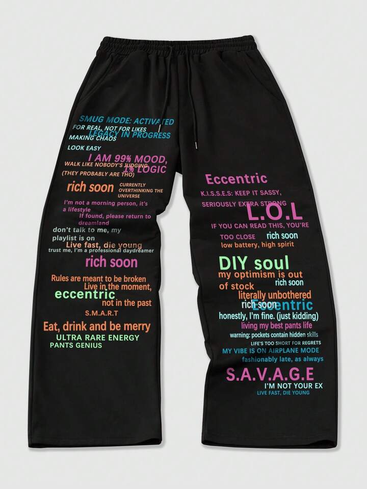 Anime Men's Loose Comfortable Casual Sports Straight Leg Sweatpants With Colorful English Print, Autumn/Winter