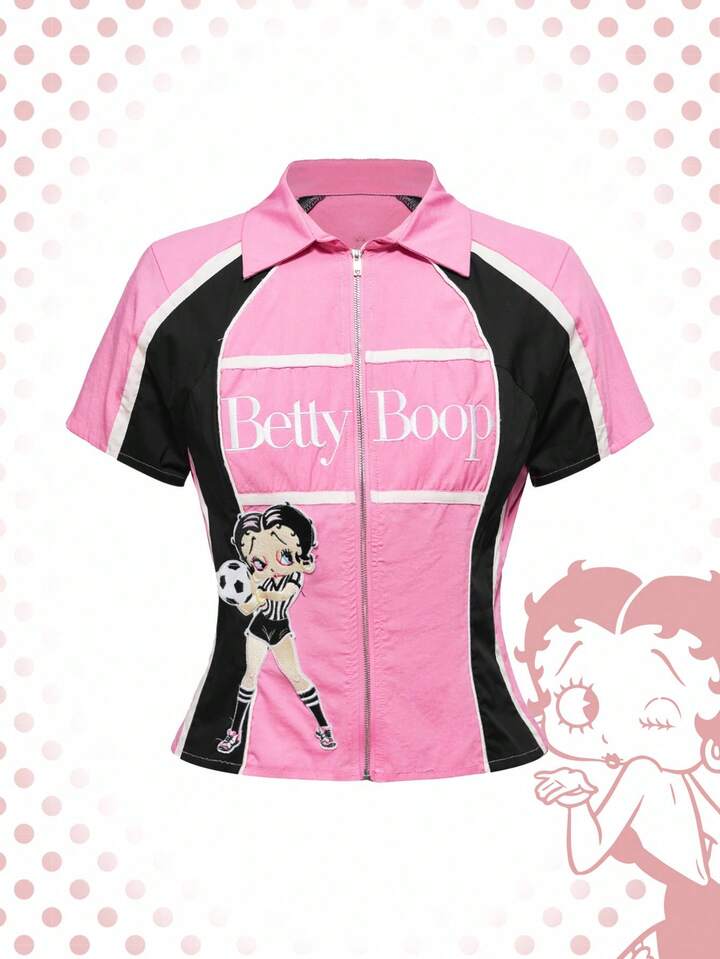 Betty Boop | ROMWE Women's Color Block Cartoon Figure Graphic Zip-Up Short Sleeve Shirt