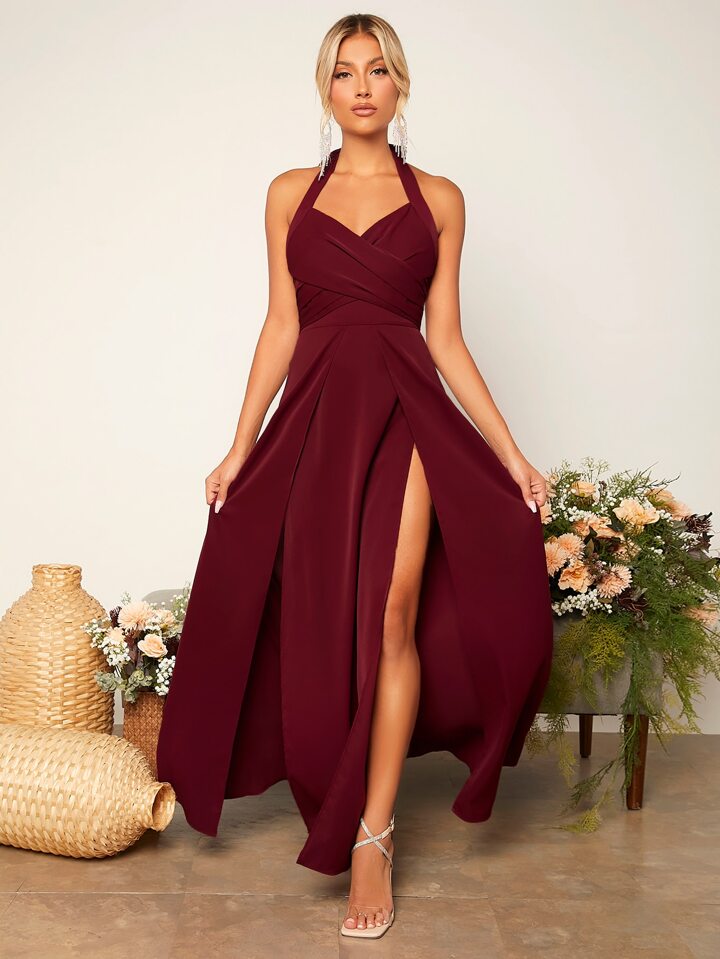 Criss Cross Tie Backless Wrap Hem Halter Bridesmaid Dress Elegant Dress