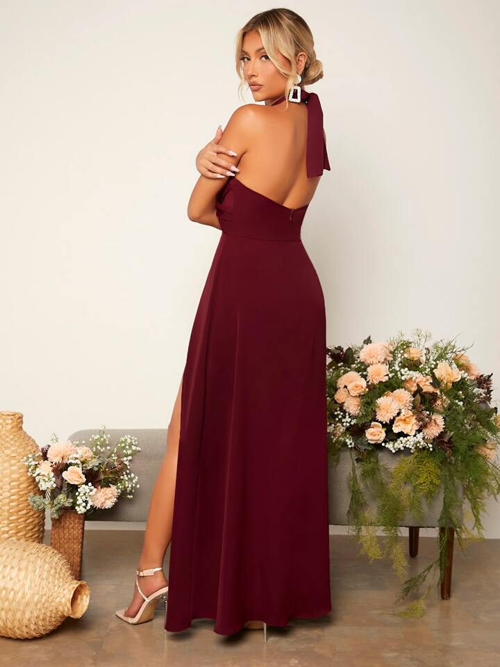 Criss Cross Tie Backless Wrap Hem Halter Bridesmaid Dress Elegant Dress