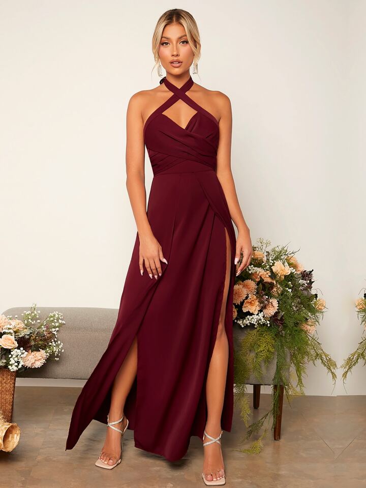 Criss Cross Tie Backless Wrap Hem Halter Bridesmaid Dress Elegant Dress