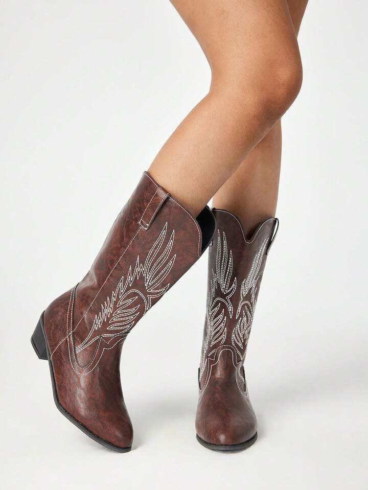 Kawaii Women's Pointed Toe Chunky Heel Embroidered Mid-Calf Cowboy Boots, Coffee Brown For Christmas