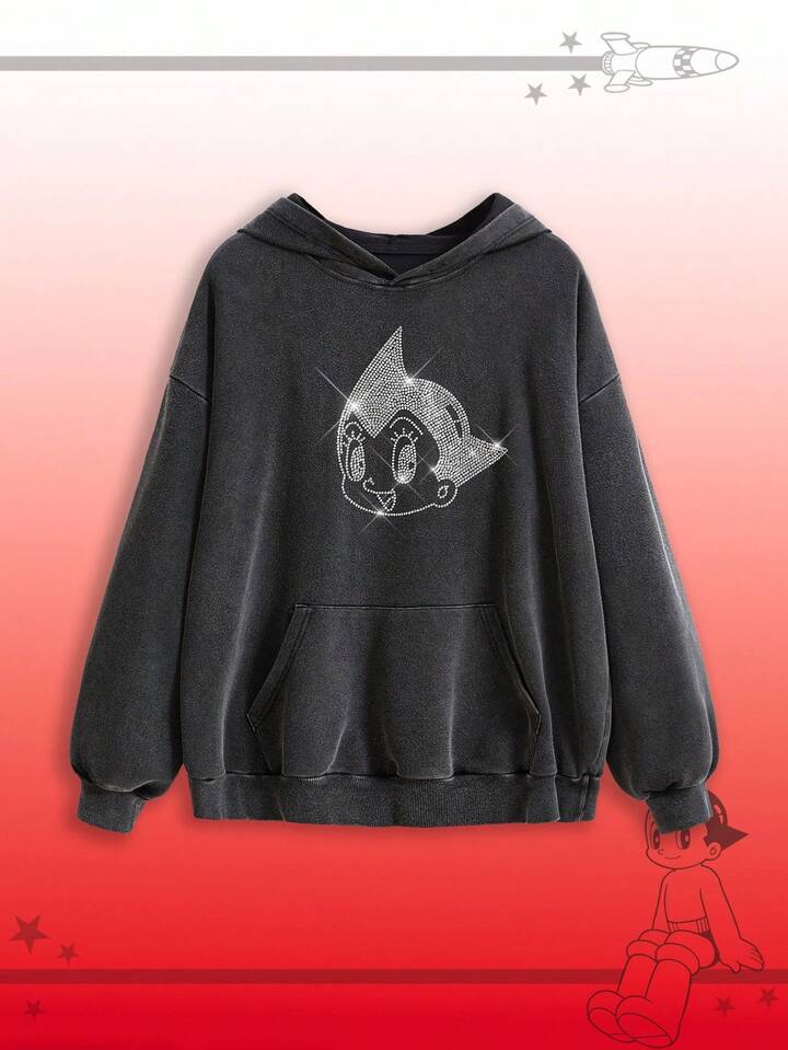 Astro Boy X ROMWE Back To School Collegiate Style Rhinestone Embellished Loose Fit Sweatshirt For Women
