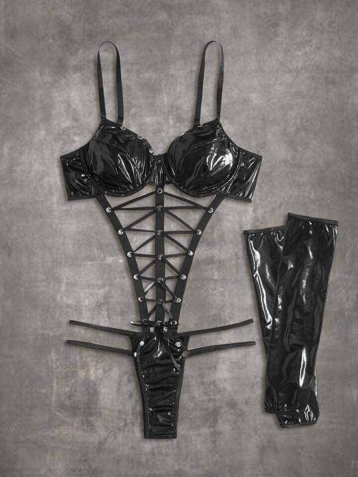 Grunge Punk Solid Lace Up Cut Out Teddy Bodysuit & 1pair Oversleeves, Lingerie