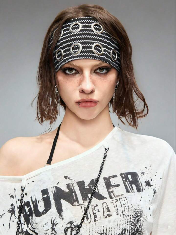 Grunge Punk 1 Piece Punk Style Striped Headband, Metal Circle Solid Color Printed Headband