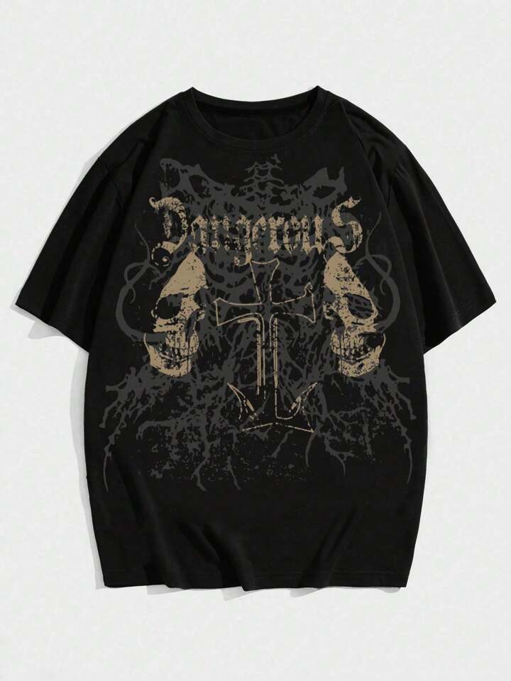 Men Gothic-Style Skull And Cross Printed Loose T-Shirt For Halloween, 2000s Style