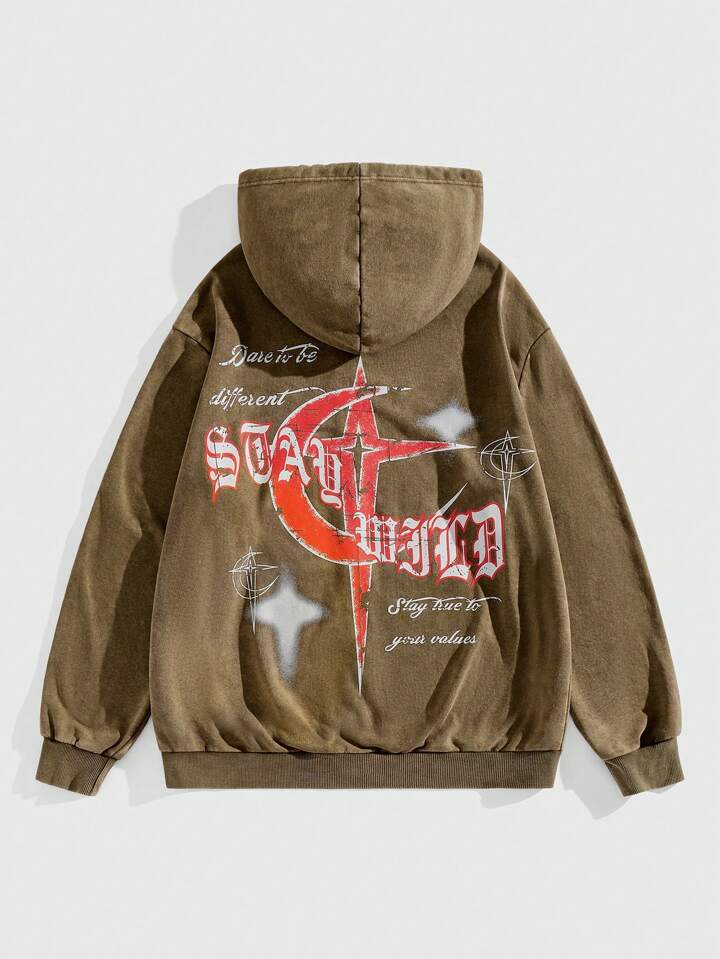 Academia Hoodie Jacket With Letter Print, Long Sleeve Zip-Up Sweatshirt