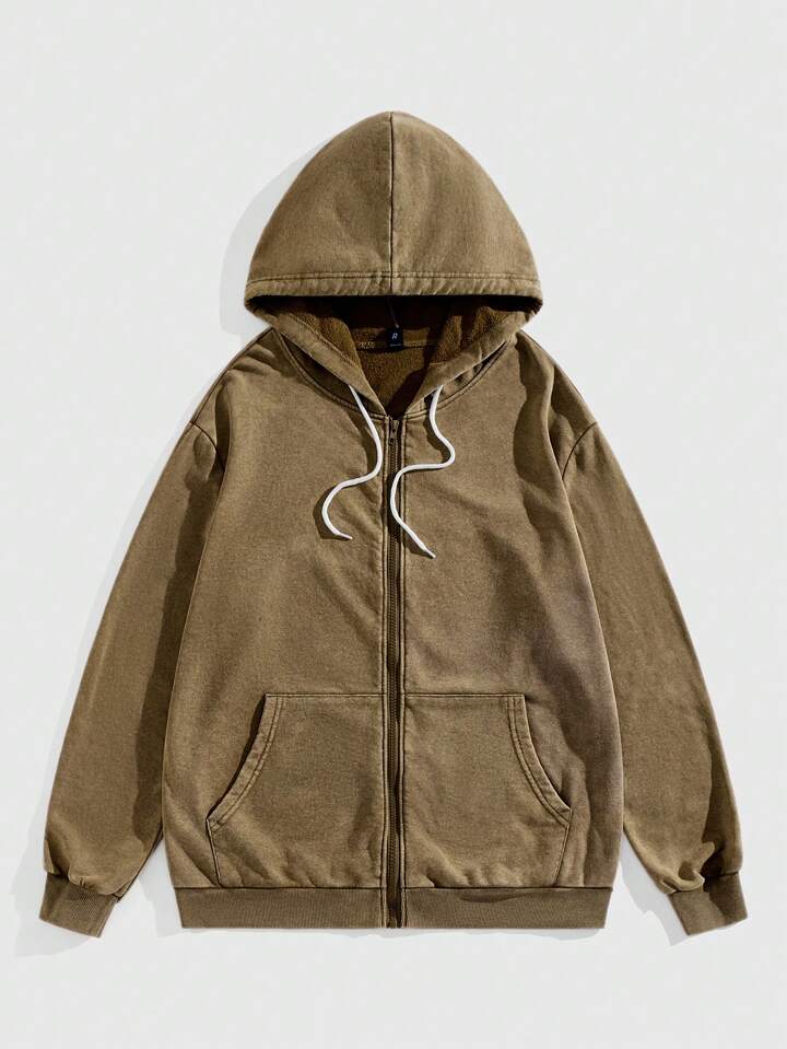 Academia Hoodie Jacket With Letter Print, Long Sleeve Zip-Up Sweatshirt