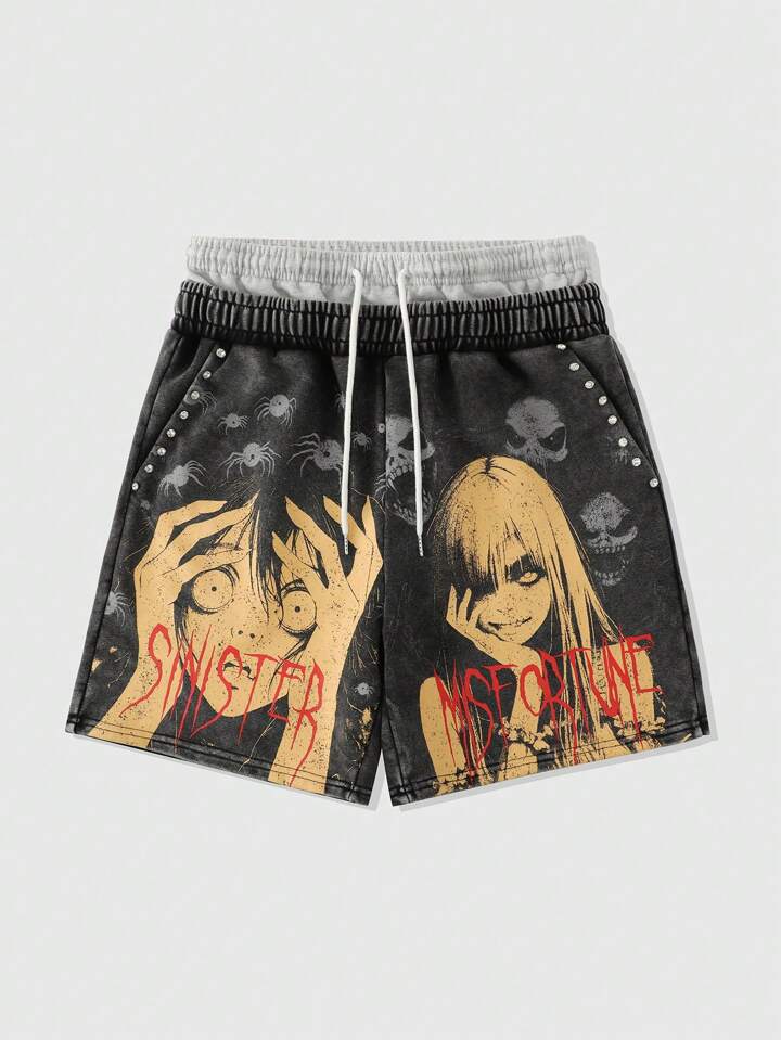 Men's Anime Double-Waistband Glitter Character Diamond Print Washed Shorts