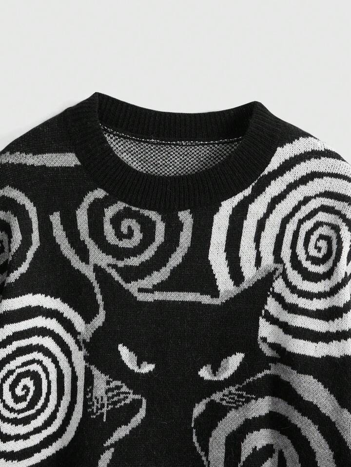 Kawaii Women's Casual Pullover Sweater With Cat Swirl Pattern, Versatile Long Sleeve Crew Neck 3 Kawaii Women's Casual Pullover Sweater With Cat Swirl Pattern, Versatile Long Sleeve Crew Neck
