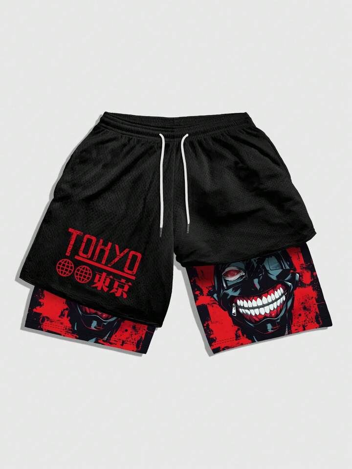Anime Men's Simple Figure Graphic Drawstring Waist Basketball Shorts, School