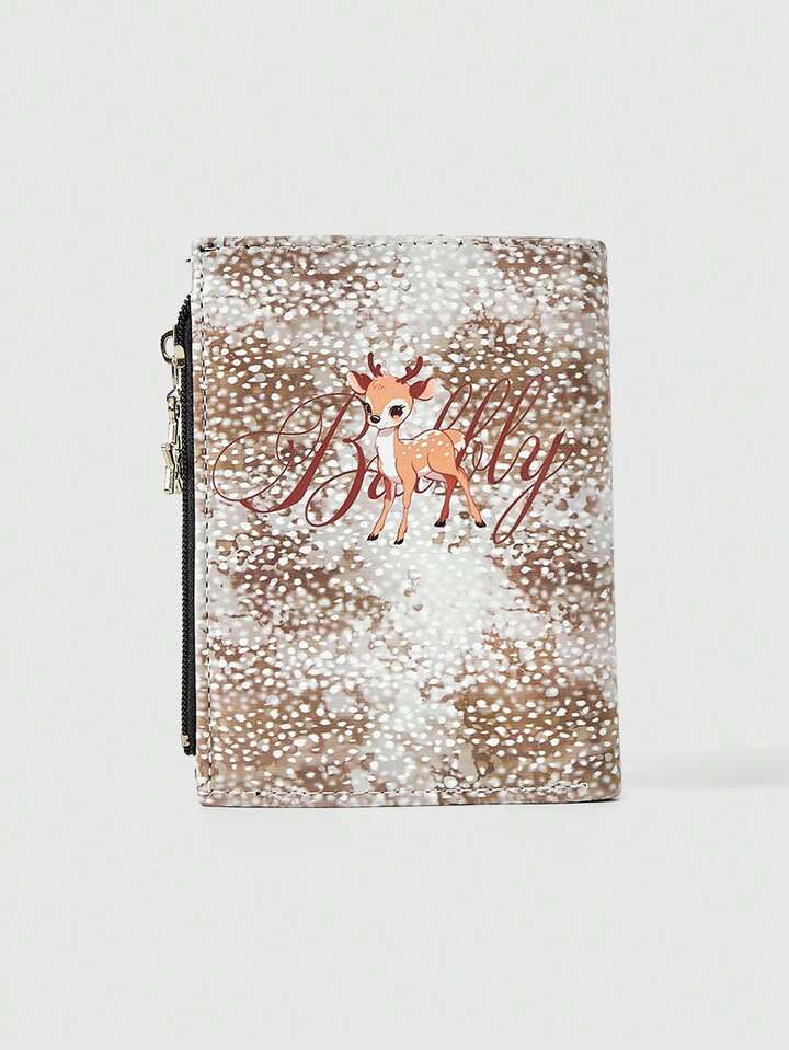 Fairycore 1pc Creative Deer & Snowflake Letter Print Design Khaki Wallet, Fashion Versatile Women's Zipper Coin Purse, Casual Stylish Card Holder