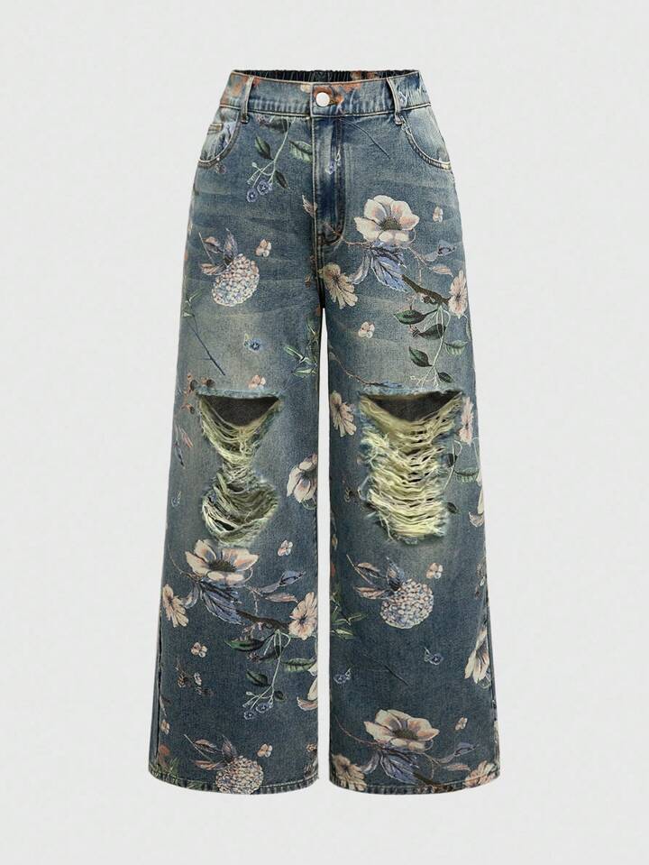 Fairycore Vintage Floral Print Washed Plus Size Women Loose Wide Leg Jeans