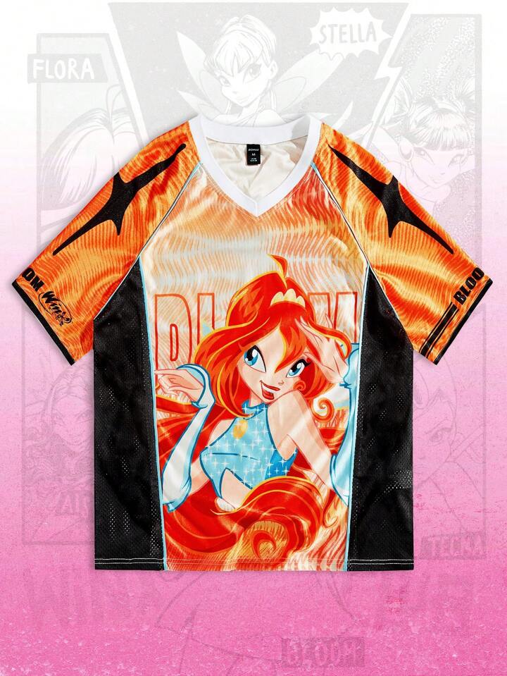 Winx Club X ROMWE Men's Jersey Anime Summer Casual Contrast Cartoon Portrait Graphic Short Sleeve T-Shirt