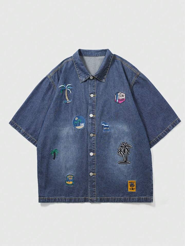 Men's Casual Distressed Denim Shirt With Coconut Tree Embroidery
