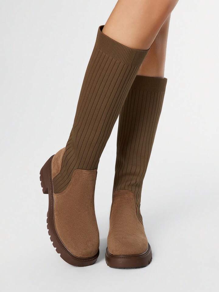 Fairycore Women's Brown Pull-On Elastic Ankle Boots, Fabric Dark Rock Party Dress Boots, Chunky Heel Goth Boots, Over-The-Knee Boots